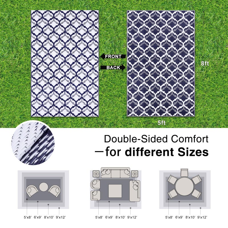 OLANLY Reversible Outdoor Rug 5x8 ft Clearance, Waterproof Outdoor Plastic Straw Rug with Interlacing Pattern, RV Mat for Patio, Camping, Balcony, Deck, Backyard, Navy & White - Image 2