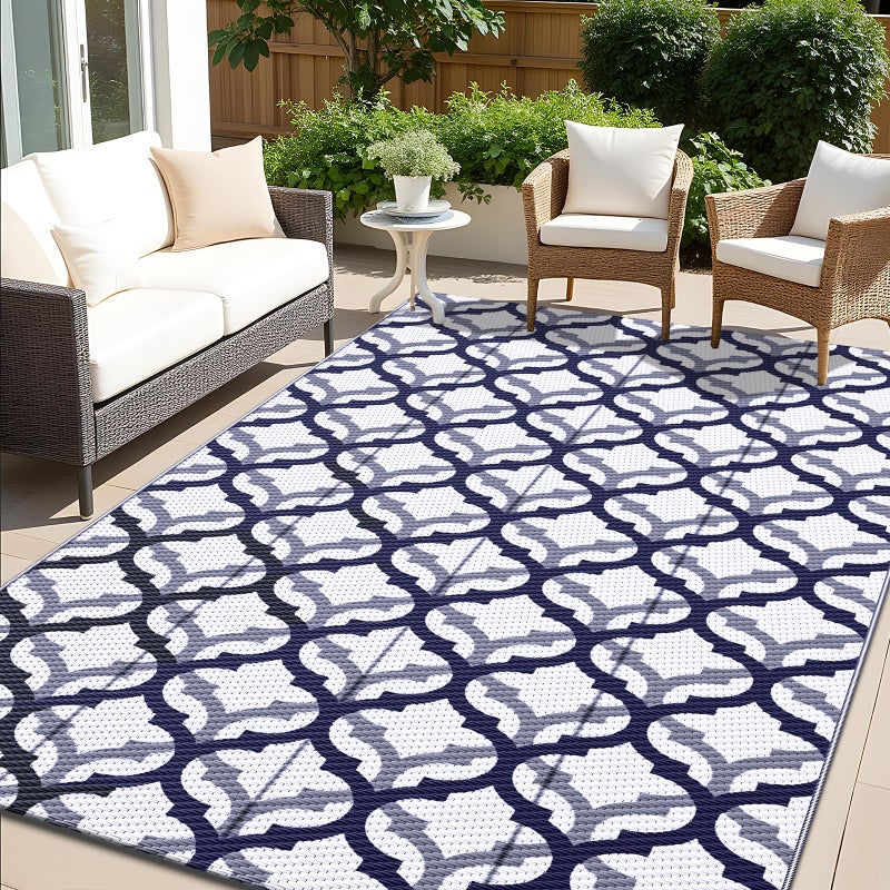 OLANLY Reversible Outdoor Rug 5x8 ft Clearance, Waterproof Outdoor Plastic Straw Rug with Interlacing Pattern, RV Mat for Patio, Camping, Balcony, Deck, Backyard, Navy & White - Image 1