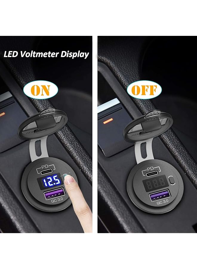 NALACAL مقبس شاحن سيارة USB C، محول شاحن سيارة USB C، منفذ USB مزدوج 12 فولت/24 فولت، PD3.0 وQC3.0، منفذ USB للسيارة مع فولتميتر LED ومفتاح تشغيل/إيقاف، مناسب للسيارات والقوارب والحافلات والشاحنات والجولف والمركبات الترفيهية والدراجات النارية - Image 3