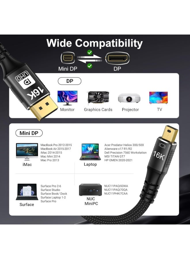 igeekwell Mini DisplayPort to DisplayPort 2.1 Cable, (Mini DP 2.1 to DP) Cord Supports 16K@60Hz/ 8K@120Hz/ 4K@240Hz Display, Bi-Directional, HDR for Apple MacBook, Doesn’t Work with Thunderbolt 3/4/5 Ports (10 ft),(3M,1 PACK) - Image 4