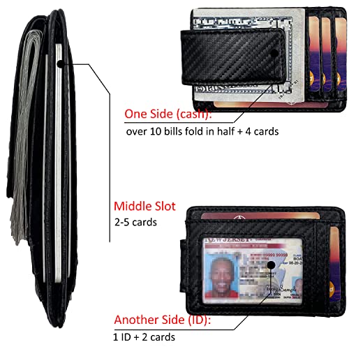 HOPSOOKEN Money Clip RFID Front Pocket Wallet Men Leather Slim Minimalist Wallet (Black (Carbon Fiber Leather)) - Image 2