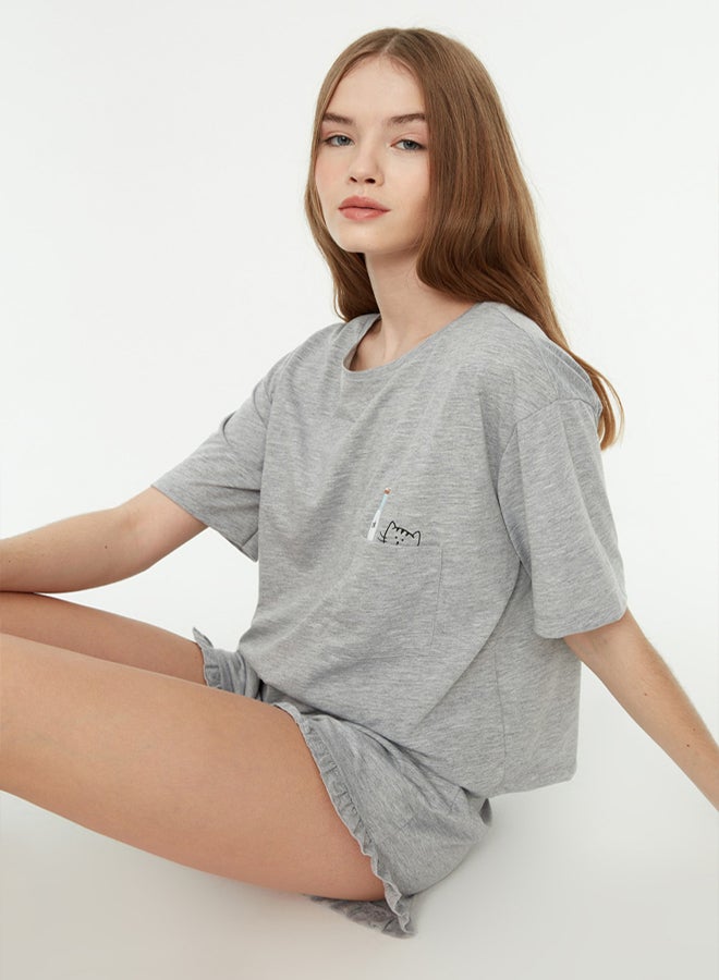 trendyol Gray Cotton Printed T-shirt-Shorts Knitted Pajama Set THMSS22PT0422 - Image 1