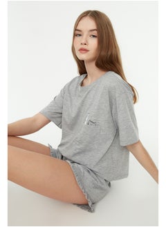 Gray Cotton Printed T-shirt-Shorts Knitted Pajama Set THMSS22PT0422