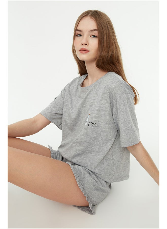 trendyol - Gray Cotton Printed T-shirt-Shorts Knitted Pajama Set THMSS22PT0422 - Image 1