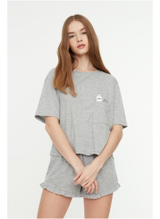 trendyol - Gray Cotton Printed T-shirt-Shorts Knitted Pajama Set THMSS22PT0422 - Image 1