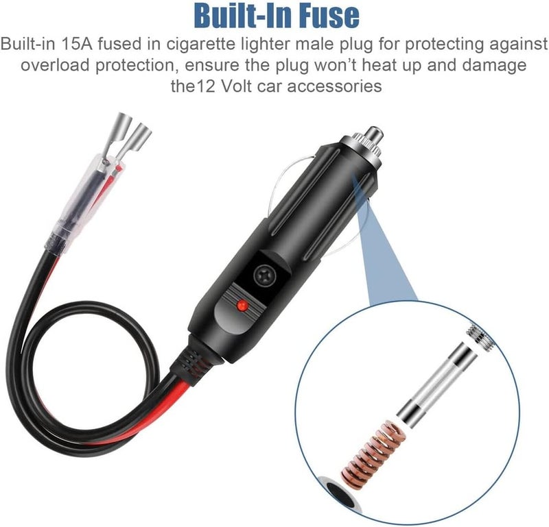 Car Cigarette Lighter Plug: 2Pcs 30Cm 16Awg Heavy-Duty Cable - Built-In 15A Fuse Safe Power Supply 12V Car Plug Adapter for 12V/24V Vehicles, Car Campers, Diyers - Image 5