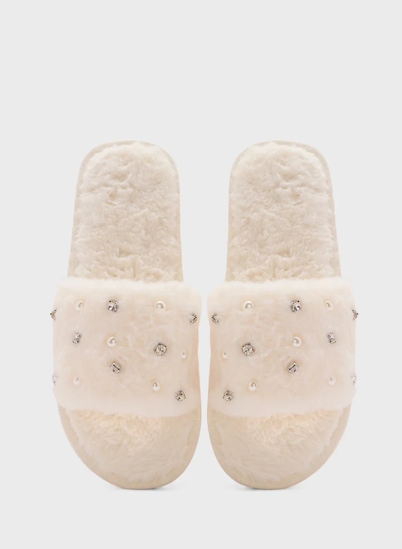 Ginger Pearl Diamante Bedroom Slippers