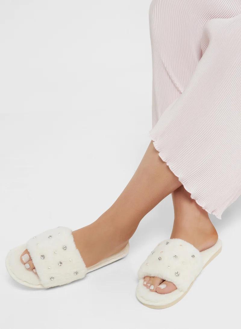 Ginger Pearl Diamante Bedroom Slippers