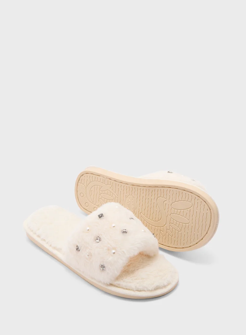Ginger Pearl Diamante Bedroom Slippers