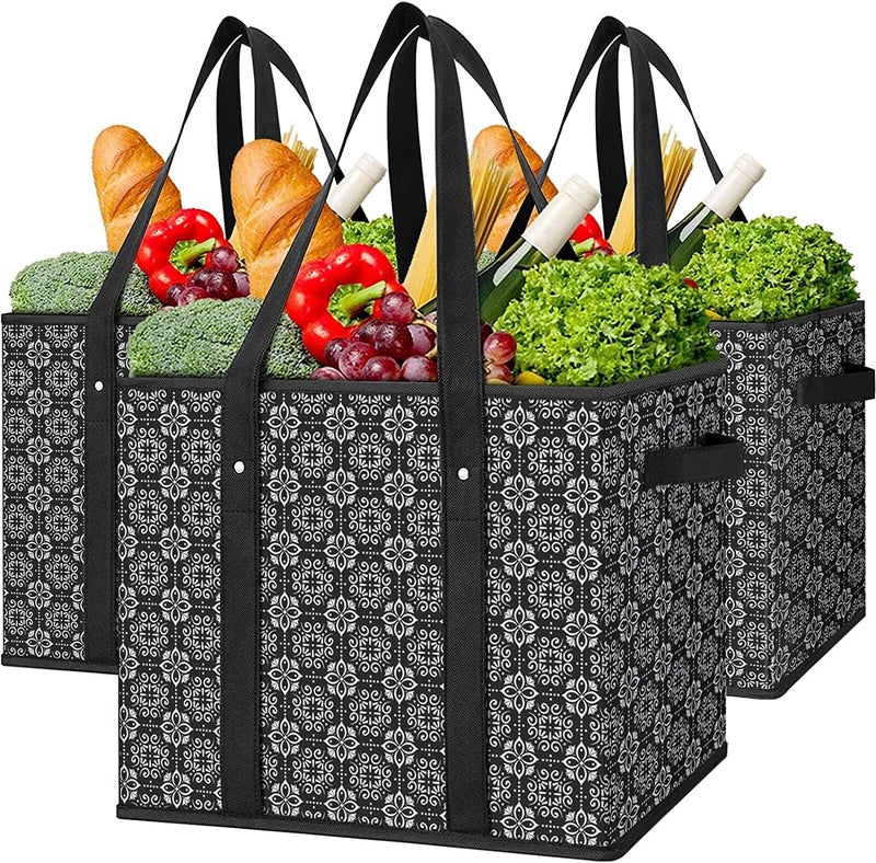 WISELIFE Reusable Grocery Bags 3 PackLarge Grocery Tote Bag Water Resistant Shopping Bags Foldable Grocery Bag for ClothesShoes and PicnicBlack