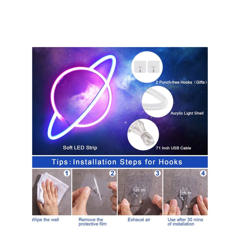 SOLARAE Planet Neon Sign Led Light- Neon Lights for Wall Decor Aesthetic | USB Operated Neon Signs for Bedroom Kids Room Dorm Wedding Party Birthday New Year Decoration (Blue-Pink) - Image 2