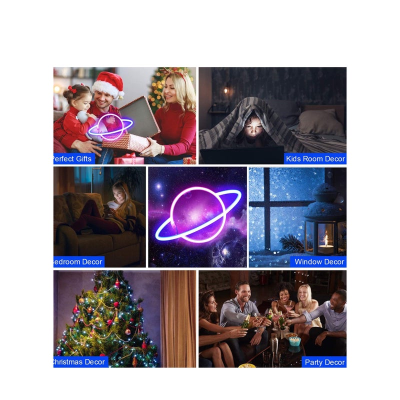 SOLARAE Planet Neon Sign Led Light- Neon Lights for Wall Decor Aesthetic | USB Operated Neon Signs for Bedroom Kids Room Dorm Wedding Party Birthday New Year Decoration (Blue-Pink) - Image 4