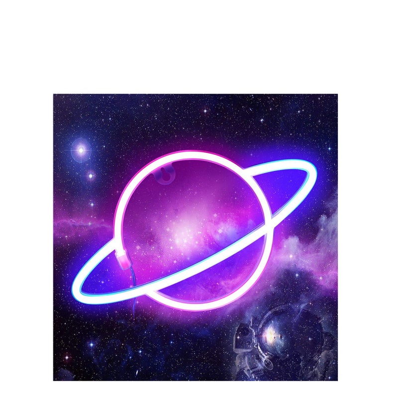 SOLARAE Planet Neon Sign Led Light- Neon Lights for Wall Decor Aesthetic | USB Operated Neon Signs for Bedroom Kids Room Dorm Wedding Party Birthday New Year Decoration (Blue-Pink) - Image 1
