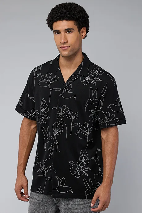 أر أند بي Printed Shirt with Revere Collar and Short Sleeves