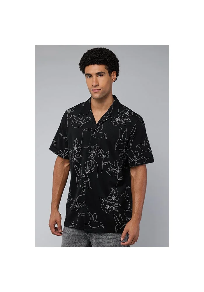 أر أند بي Printed Shirt with Revere Collar and Short Sleeves