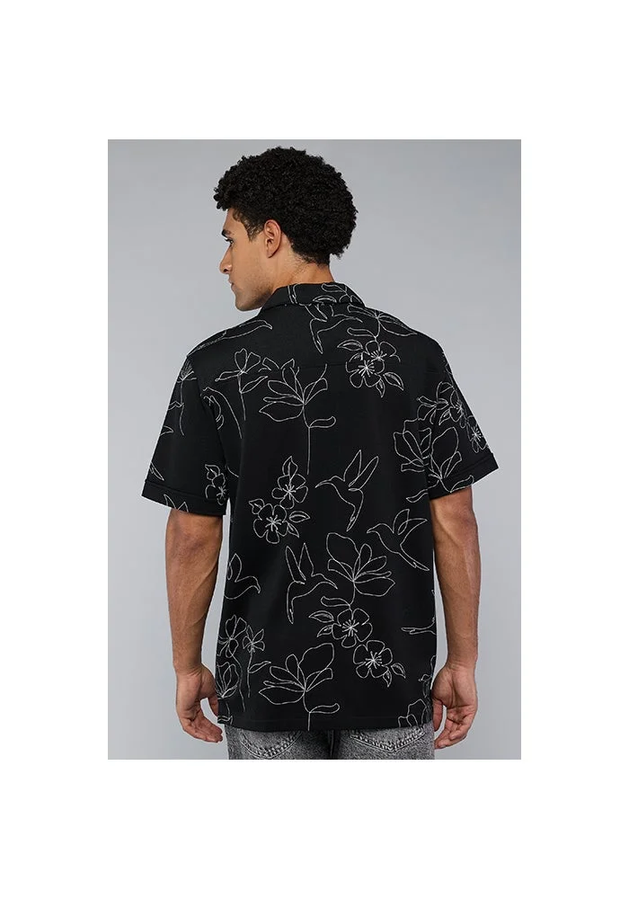 أر أند بي Printed Shirt with Revere Collar and Short Sleeves