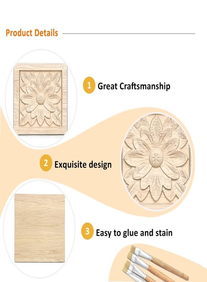 Aiminjey 10 Pcs Decorative Wood Flower Carved Appliques Onlays, 2.4 x 2.4inch Unpainted Solid Wood Square Carving Decal for Furniture Cabinet Closet Decoration (2.4inch-10pcs) - Image 2