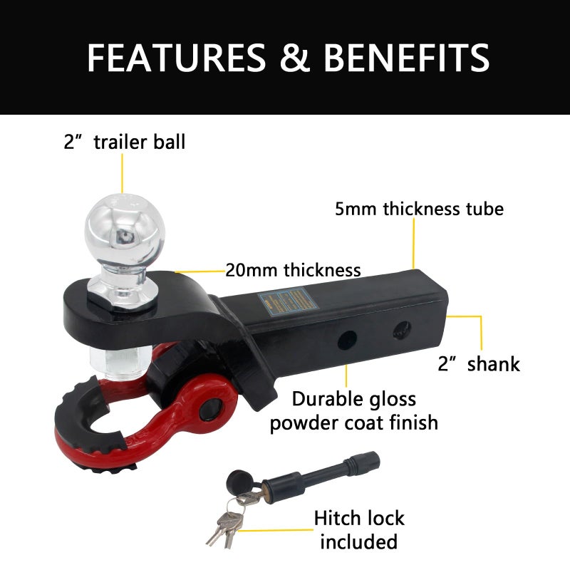 AUTDOUR Trailer Hitch Ball Mount with Tow Shackle and 3/4" Hitch Pin Clip for Heavy Duty Trucks, SUVs, and Cars, Multifunctional 2 in 1 Hitch Mount Fits 2Inch Hitch Receiver - Image 2