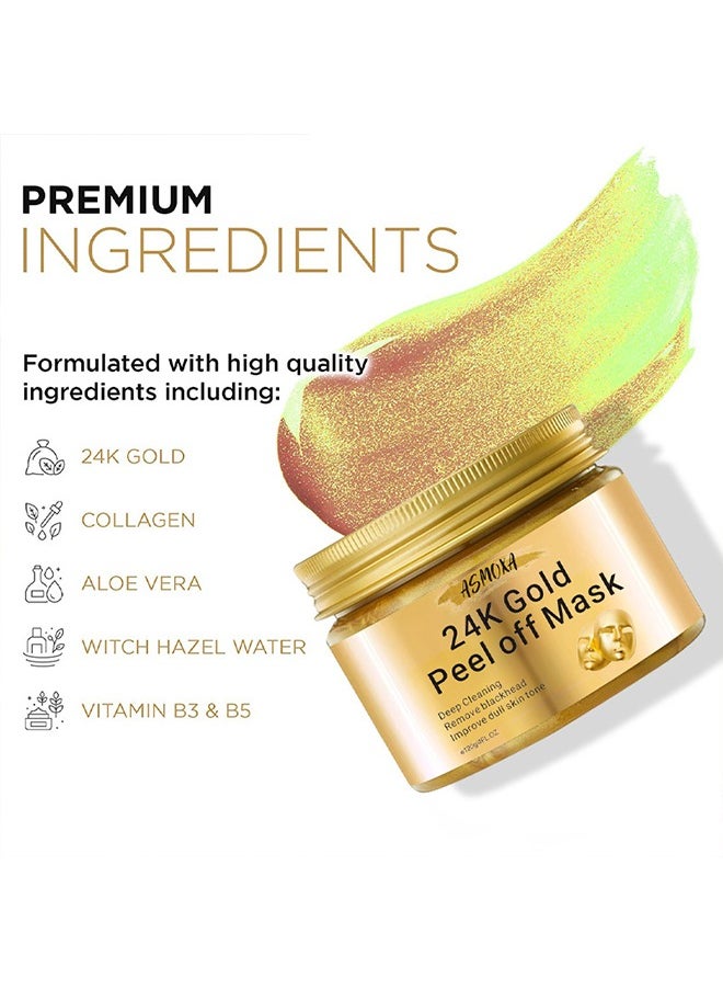 ASMOXA 24K Gold Collagen Peel Off Mask, Blackhead Remover Mask, Gold Peel Off Mask For Lifting And Smoothing, Skin Radiance, Replenish Collagen For Skin, Gold Facial Mask 120g  - Image 2