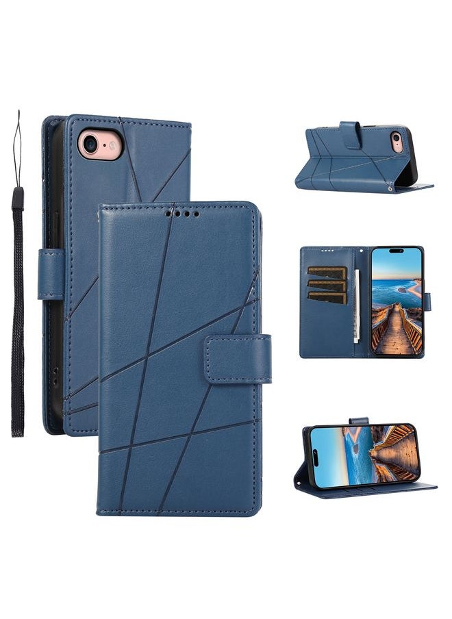 HuHa - Case Cover For iPhone SE 2022 / SE 2020 PU Genuine Leather Texture Embossed Line Phone Case Blue - Image 1