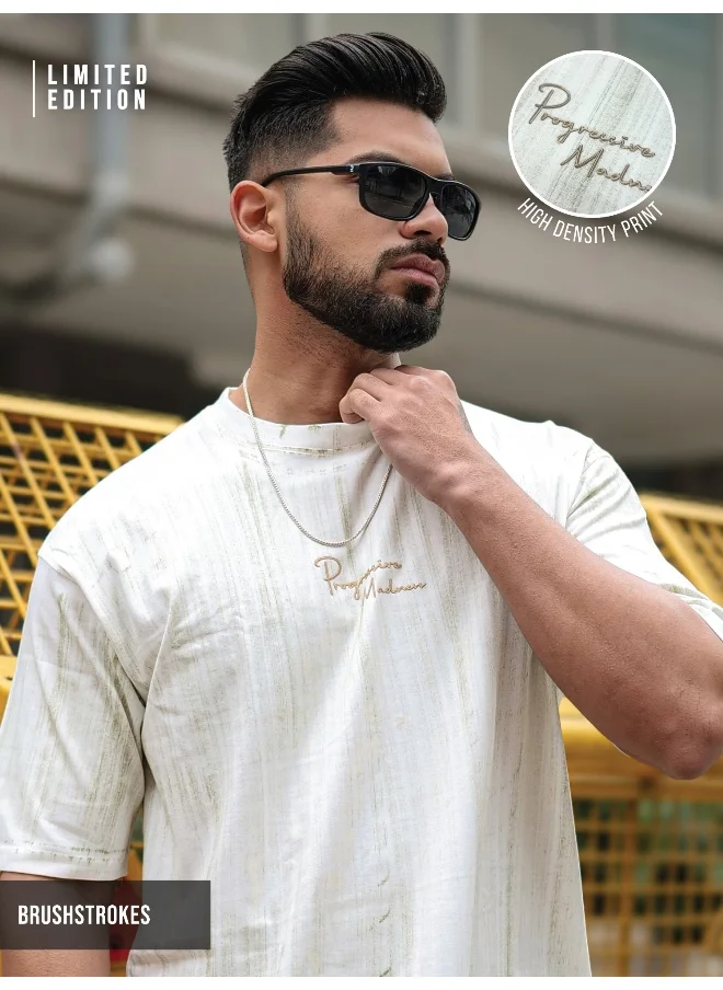 Maniac Maniac Mens Madness Brush Printed Round Neck 3/4th Sleeve Half White Cotton T-Shirt