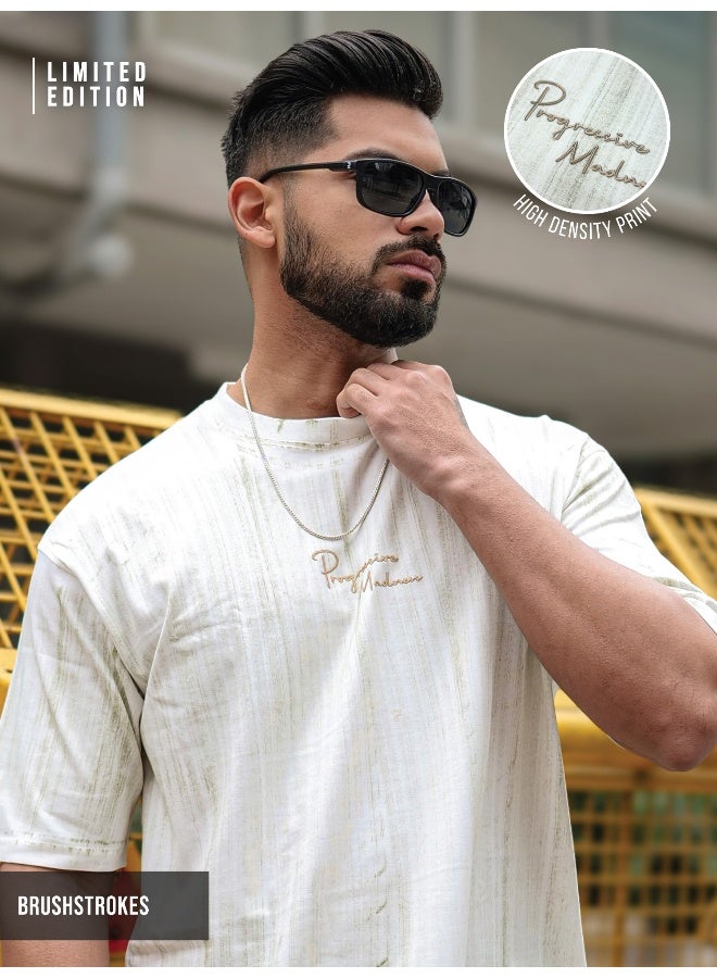 Maniac Maniac Mens Madness Brush Printed Round Neck 3/4th Sleeve Half White Cotton T-Shirt  - Image 1
