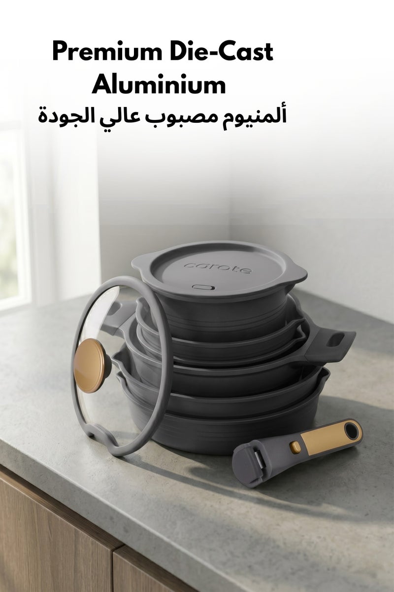 كاروت طقم أواني كاروت 24 قطع غير لاصق بمقابض قابلة للفصل، تصميم قابل للتكديس من ألومنيوم صحي خالٍ من PFOA، مزود بفتحات صب، متوافق مع جميع المواقد وآمن لغسالة الصحون (أسود) - Image 5
