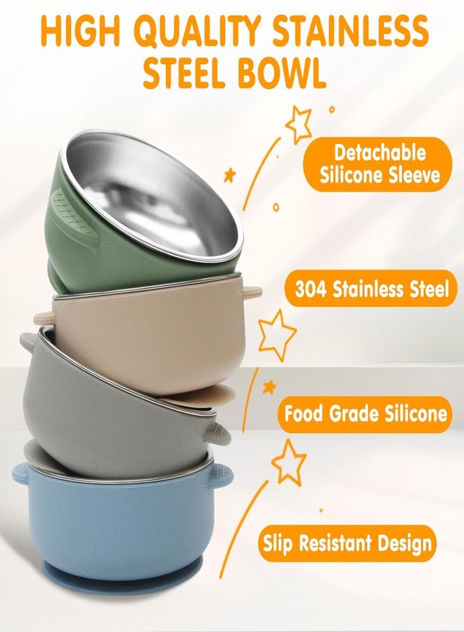 JVEOO 4 Pack Stainless Steel Baby Bowls with Suction, 2-in-1 SUS304 Toddlers Bowl & Removable Silicone Suction Kids Bowl Anti Scald Non Toxic Snack Container for Baby Food Feeding - Image 2