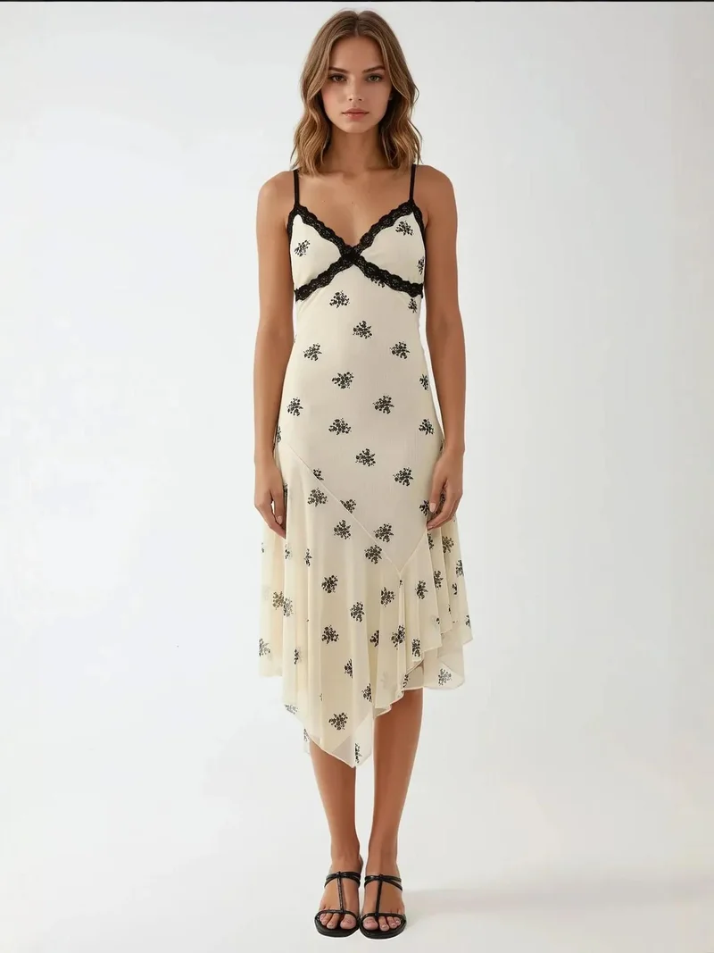 زوبعة فستان ماكسي ضيق بياقة على شكل حرف  وطبعات وتفاصيل دانتيل