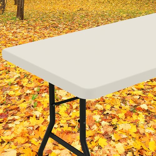 Smiry Rectangle Tablecloth, Elastic Fitted Flannel Backed Vinyl Tablecloths for 6ft Folding Tables, Waterproof Wipeable Table Covers for Indoor, Outdoor, Picnic and Camping (Beige, 30"x72") - Image 1