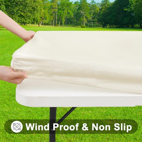 Smiry Rectangle Tablecloth, Elastic Fitted Flannel Backed Vinyl Tablecloths for 6ft Folding Tables, Waterproof Wipeable Table Covers for Indoor, Outdoor, Picnic and Camping (Beige, 30"x72") - Image 2