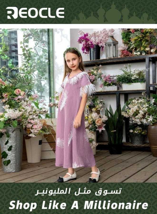REOCLE Girls' Loose Dress with Feather Pattern Embroidery Midi Cute Shift Dress Summer Short Sleeve Dresses Flowy Dress - Image 1