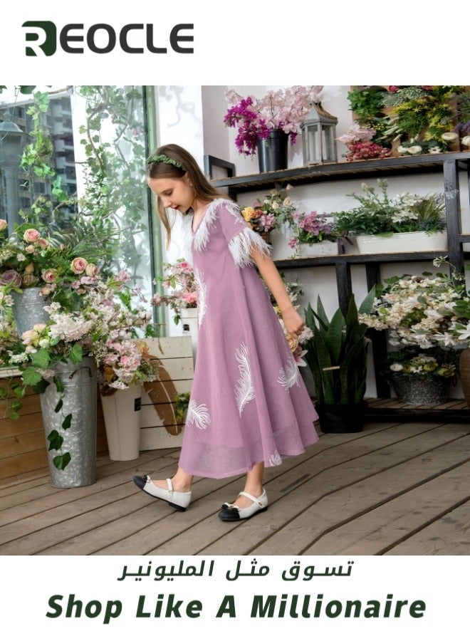 REOCLE Girls' Loose Dress with Feather Pattern Embroidery Midi Cute Shift Dress Summer Short Sleeve Dresses Flowy Dress - Image 2