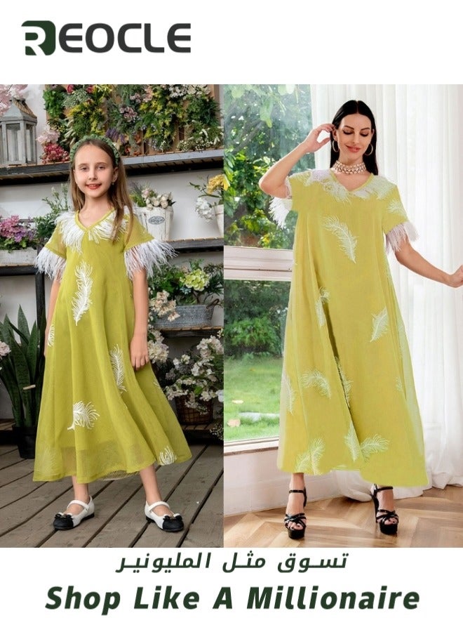REOCLE Girls' Loose Dress with Feather Pattern Embroidery Midi Cute Shift Dress Summer Short Sleeve Dresses Flowy Dress - Image 3