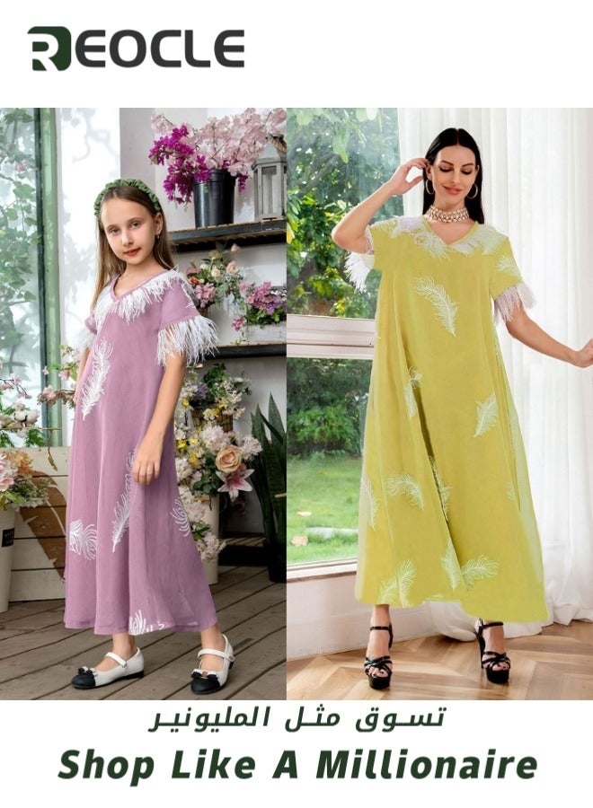 REOCLE Girls' Loose Dress with Feather Pattern Embroidery Midi Cute Shift Dress Summer Short Sleeve Dresses Flowy Dress - Image 4