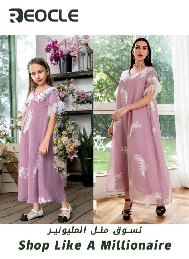REOCLE Girls' Loose Dress with Feather Pattern Embroidery Midi Cute Shift Dress Summer Short Sleeve Dresses Flowy Dress - Image 5