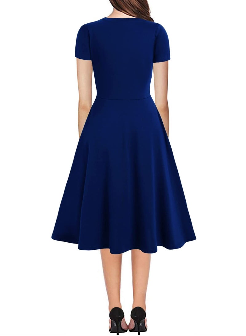 Helyo Tech Women's Elegant Vintage Business Casual Work Party A-Line Swing Dress with Pockets 162 (M, Royal Blue) - Image 2