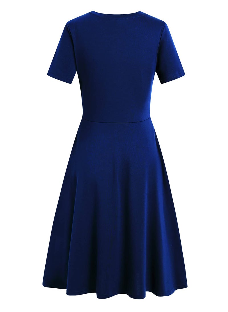 Helyo Tech Women's Elegant Vintage Business Casual Work Party A-Line Swing Dress with Pockets 162 (M, Royal Blue) - Image 4