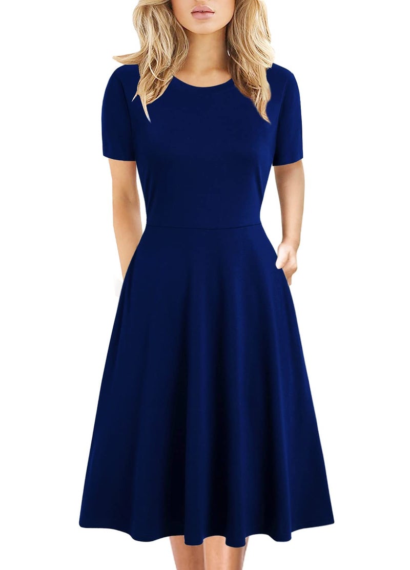 Helyo Tech Women's Elegant Vintage Business Casual Work Party A-Line Swing Dress with Pockets 162 (M, Royal Blue) - Image 1