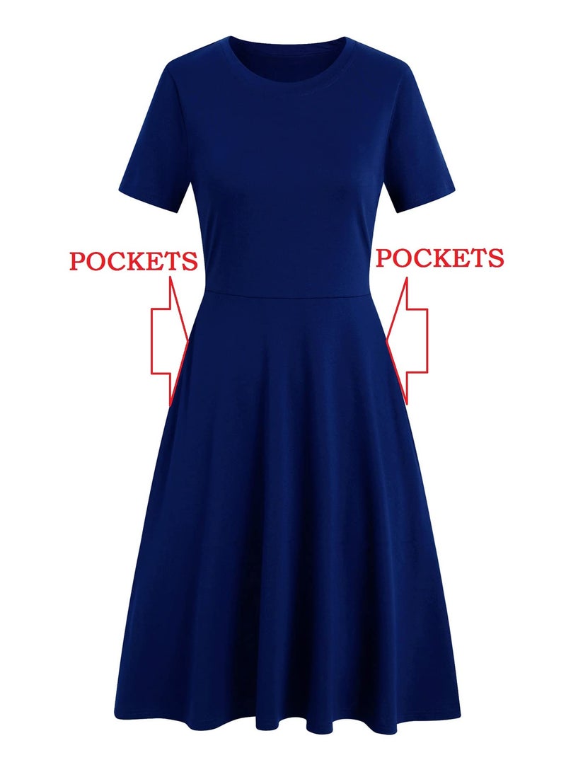 Helyo Tech Women's Elegant Vintage Business Casual Work Party A-Line Swing Dress with Pockets 162 (M, Royal Blue) - Image 5