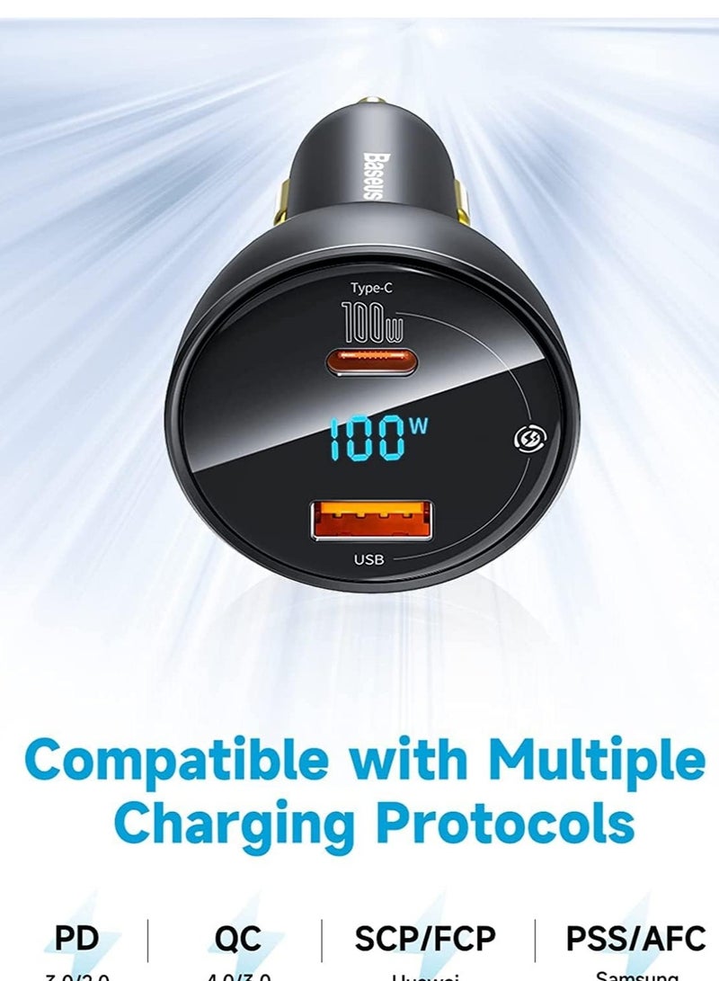 Baseus USB C Car Charger 100W PD3.0 QC4.0 2-Ports Fast Charging LED Cigarette Lighter USB Adapter Compatible With Samsung/iPhone/Huawei/iPad/MacBook Pro/Air/Tablet/Laptop (Including 100W Type C Cable) Black - Image 5