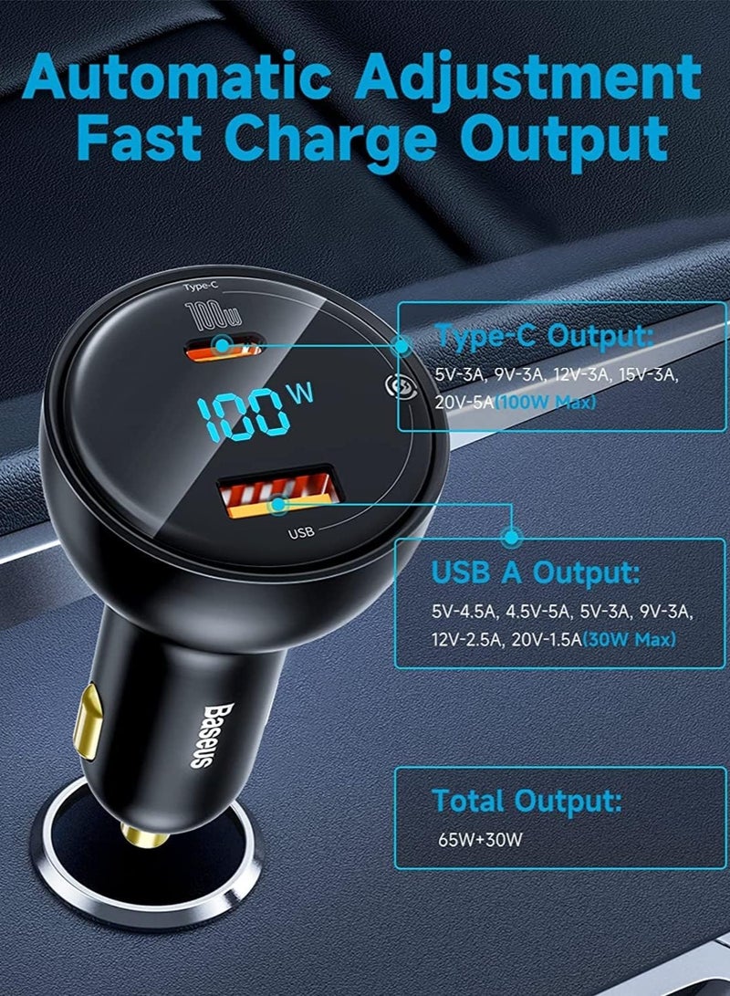 Baseus USB C Car Charger 100W PD3.0 QC4.0 2-Ports Fast Charging LED Cigarette Lighter USB Adapter Compatible With Samsung/iPhone/Huawei/iPad/MacBook Pro/Air/Tablet/Laptop (Including 100W Type C Cable) Black - Image 3