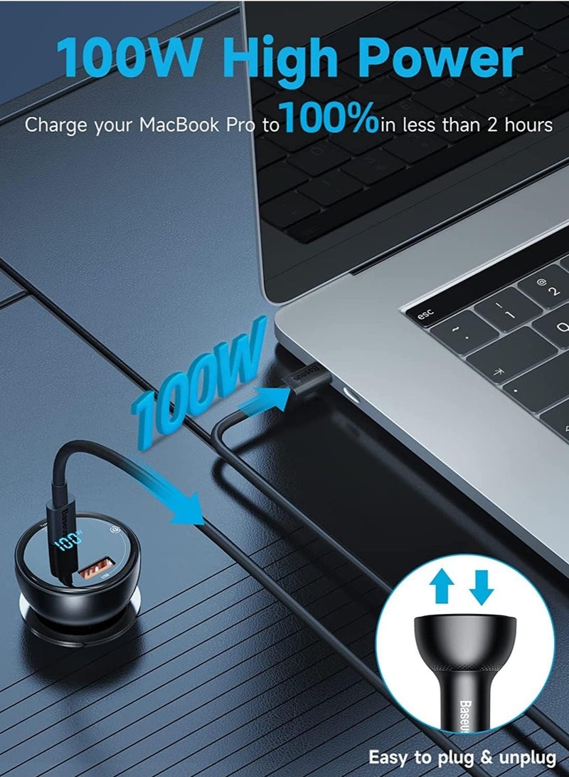 Baseus USB C Car Charger 100W PD3.0 QC4.0 2-Ports Fast Charging LED Cigarette Lighter USB Adapter Compatible With Samsung/iPhone/Huawei/iPad/MacBook Pro/Air/Tablet/Laptop (Including 100W Type C Cable) Black - Image 2