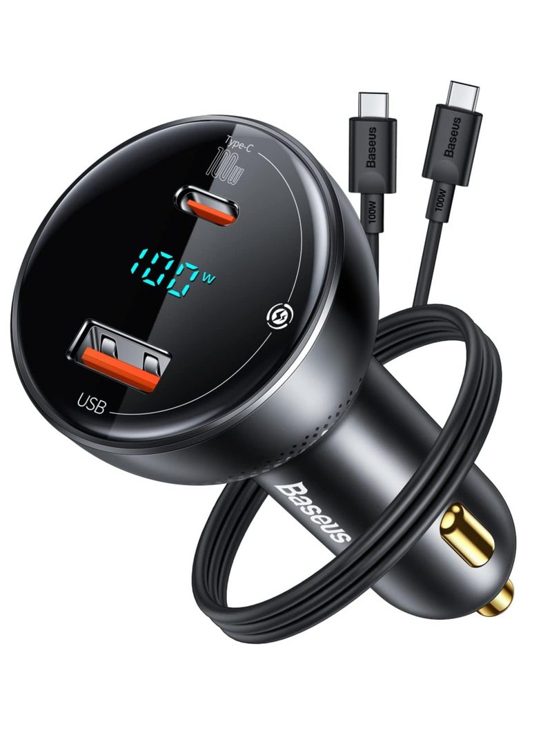 Baseus USB C Car Charger 100W PD3.0 QC4.0 2-Ports Fast Charging LED Cigarette Lighter USB Adapter Compatible With Samsung/iPhone/Huawei/iPad/MacBook Pro/Air/Tablet/Laptop (Including 100W Type C Cable) Black - Image 1