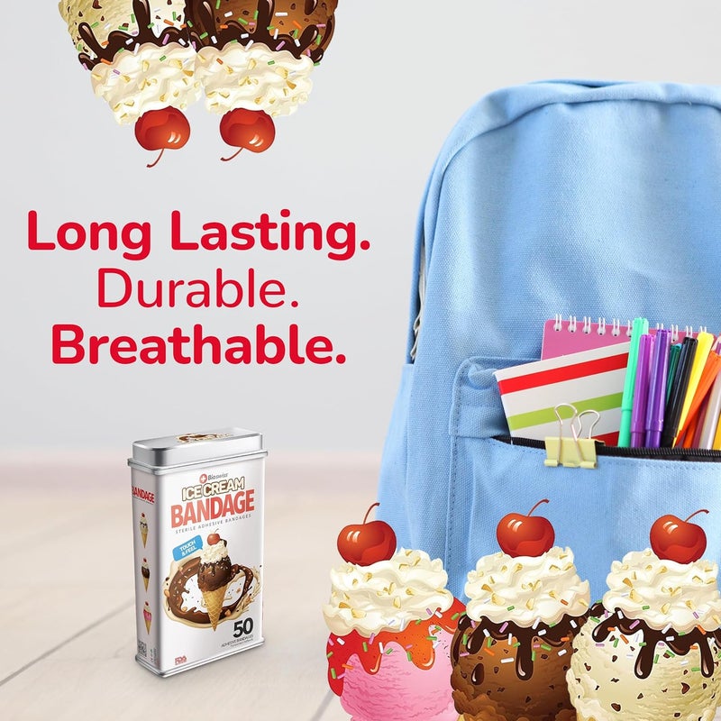 BioSwiss Bandages Ice Cream Shaped Self Adhesive Bandage Latex Free Sterile Wound Care Fun First Aid Kit Supplies for Kids 50 Count - Image 5