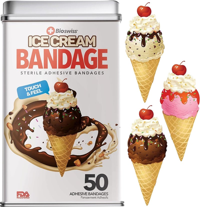 BioSwiss Bandages Ice Cream Shaped Self Adhesive Bandage Latex Free Sterile Wound Care Fun First Aid Kit Supplies for Kids 50 Count - Image 1