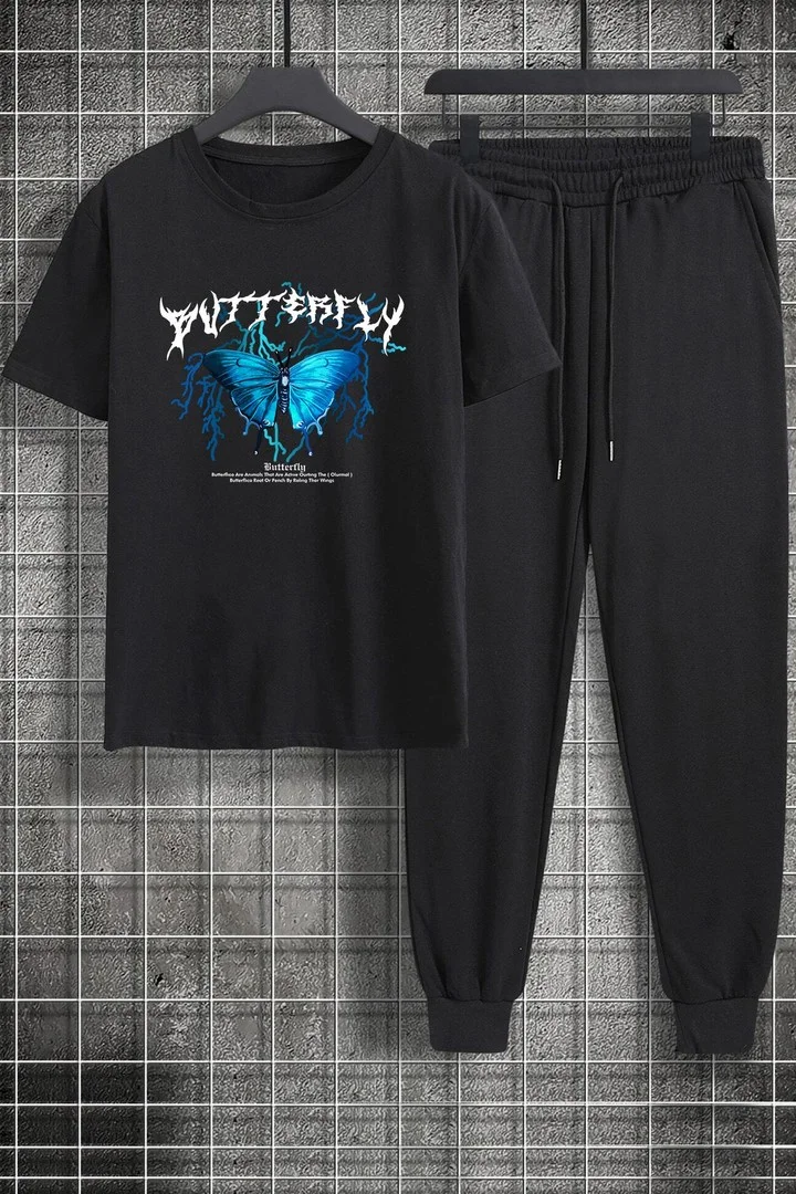 ONLYTRENDWEAR Unisex Blue Butterfly Printed 2-Piece Tracksuit Set L. Black