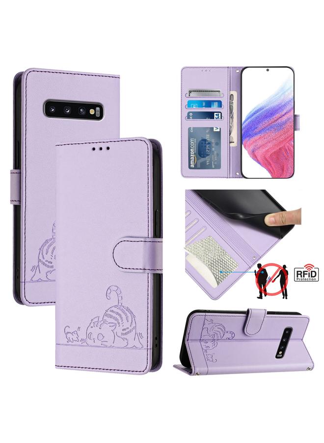 اس-توب جراب لهاتف Samsung Galaxy S10 من الجلد المنقوش بنمط قطة وفأر بتقنية RFID مع حبل تعليق - Image 1