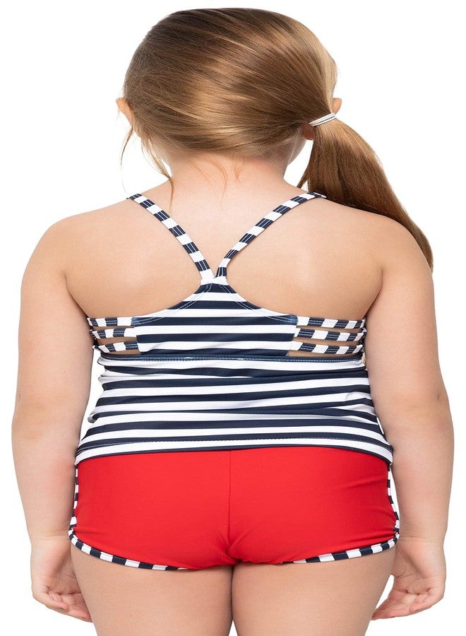 ToBeInStyle Girls' Crew Neck Tankini & Boyshort Bottoms - Navy Stripes/Red - 12-13 - Image 2