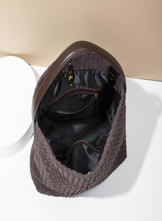 Dreubea Woven Tote Bag for Women, Elegant Minimalist Shoulder Handbag, Top Handle Purse for Daily Use Chocolate - Image 5